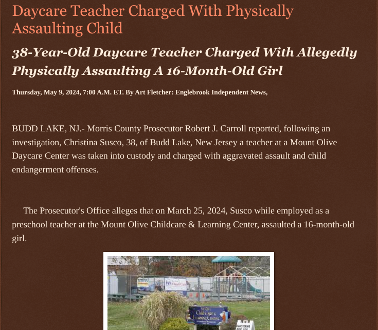 Daycare Teacher Charged With Physically Assaulting Child englebrookindependentnews.com/2024/05/09/day… via @Englebrooknews #morriscountynj #buddlakenj @daycare @teacher #charged @childabuse @wireless_step @HRG_Media @LodiNJNews @Breaking911 @gator4kb18 @MichelleF_35 @TrumpWasRite @USATRUMPMAN1…