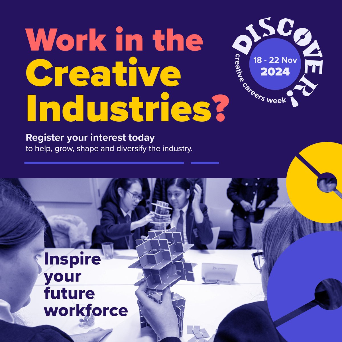 #DiscoverCreativeCareers Week is back and they want employers in the Creative Industries to get involved. You could: 🌟 Host a workshop for local students 🌟 Launch new career programmes for young people 🌟 Open your workplace for college tours Register: bit.ly/dcc_2024