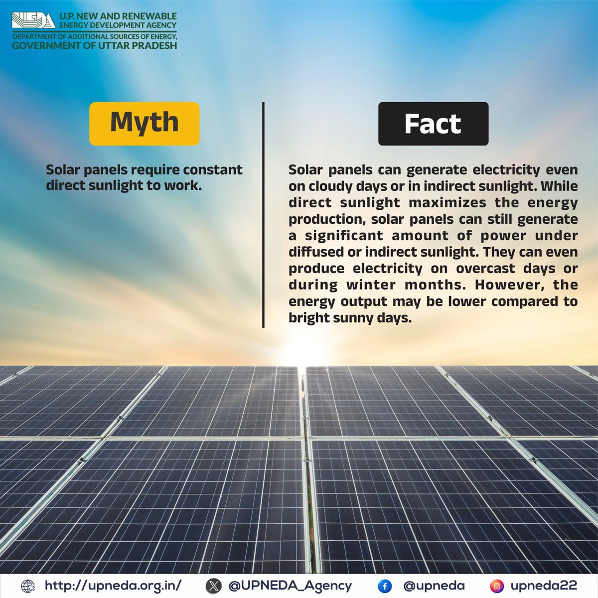 It is true that direct sunlight maximizes energy production but solar panels can generate electricity even on cloudy days. They are a reliable source of clean energy. 

#SolarPower #SolarEnergy #SustainablePower 
#UPNEDA #RenewableEnergy #upneda_agency
@CMOfficeUP
@aksharmaBharat