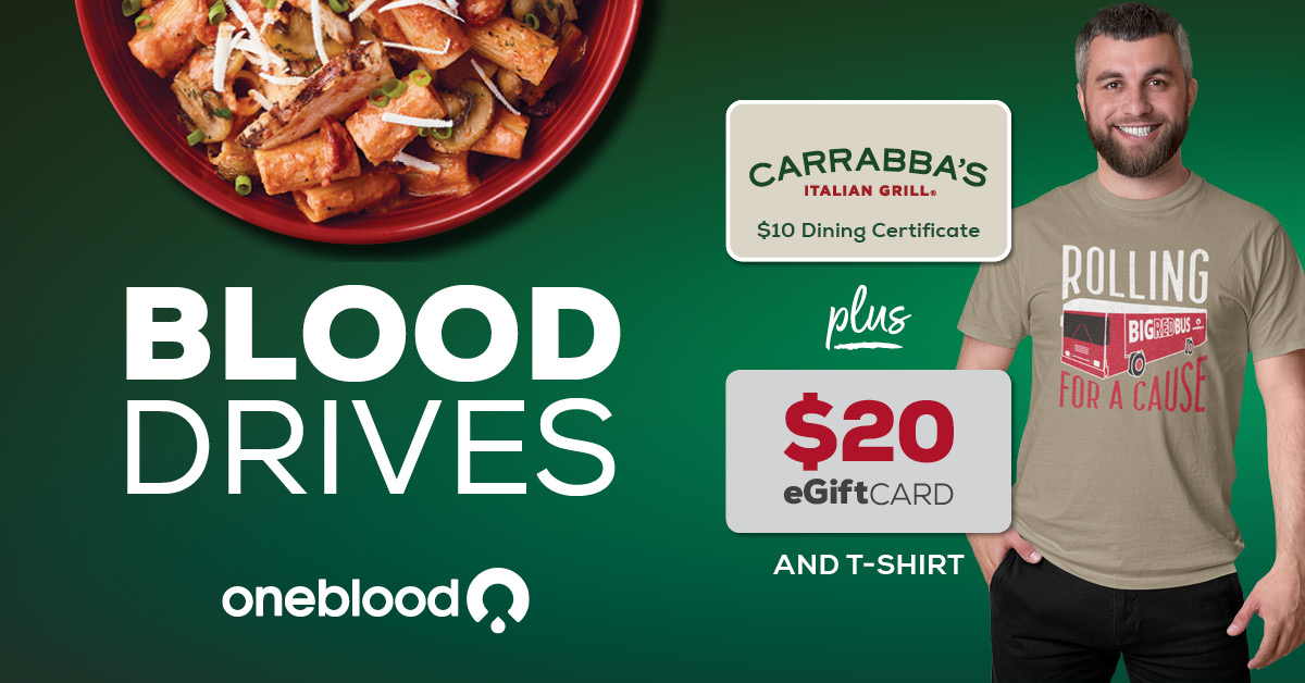 [𝐌𝐚𝐲 𝟏𝟑-𝟏𝟔] Save lives with @Carrabbas! Donate blood on a Big Red Bus near you. All donors will receive a: 🍝 Free $10 Dining Certificate 🍝 Free $20 eGift Card 🍝 Free Big Red Bus T-shirt Don't miss out on this deal! Click for locations: givelife.io/ecap
