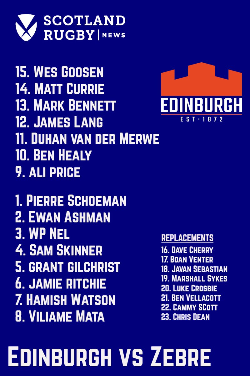TEAM NEWS: Edinburgh make two changes for the visit of Zebre, with Emiliano Boffelli suffering an injury setback 🤕 Full story 👉shorturl.at/lnuP9