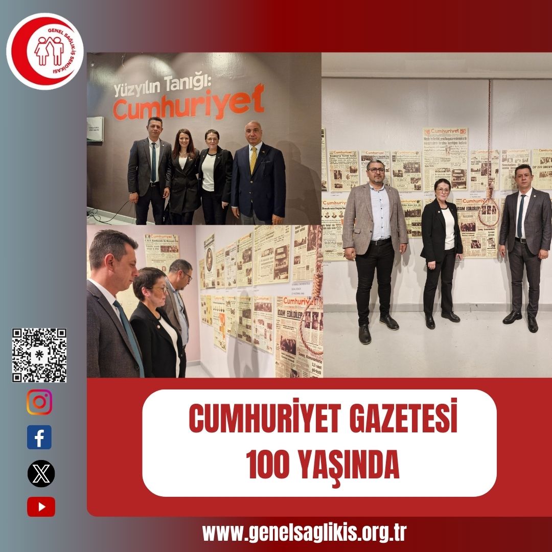 Cumhuriyet Gazetesi 100 Yaşında Cumhuriyet Gazetesinin kuruluşunun 100. Yıldönümü kutlamasına Sendikamız Genel Sağlık-İş Genel Başkanımız Derya Uğur, Genel Sekreterimiz Gazi Çeliker ve Genel Mali Sekreterimiz Erman Açıkgöz katılım sağladı. Türkiye Cumhuriyeti’nin aydınlanma,…