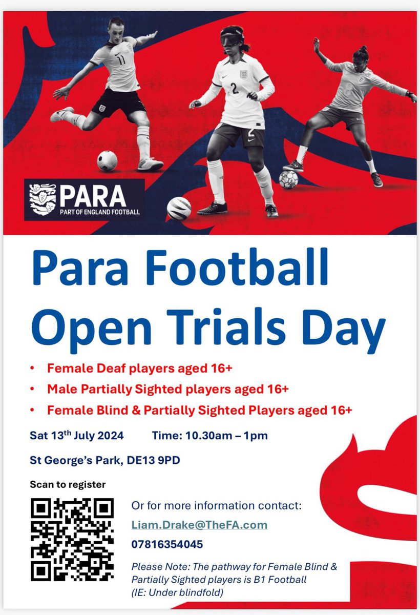 Para Football Open Trials Day
St George’s Park
Sat 13th July
10.30am - 1pm
 
Open to players over the age of 16 who would qualify for one of the following Para pathways / squads…
 
⚽️Deaf Women
⚽️Partially Sighted Men
⚽️Blind Women

Registration link: forms.office.com/e/6nn7HfT0aJ