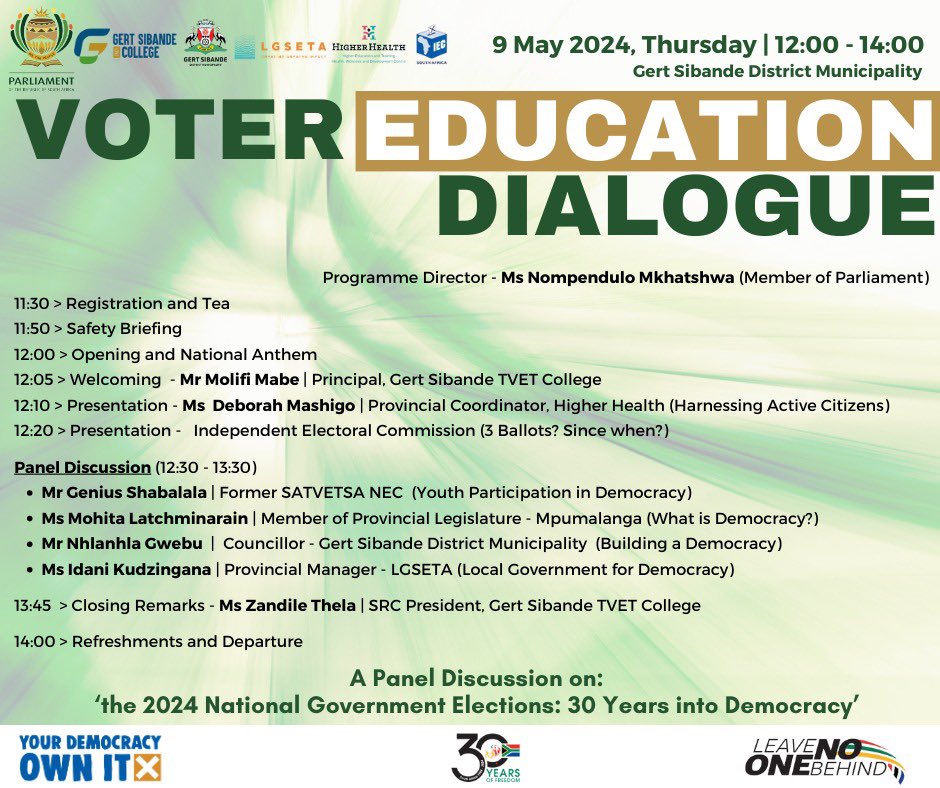 Today we are at Gert Sibande Mun for another instalment of the Voter Education Dialogue hosted by Parliament of RSA, in partnership with LGSETA, the IEC, Higher Health and Gert Sibande TVET College.
#VoterEducation #SADemocracy #SAParliament #2024Elections #CreatingGreaterImpact