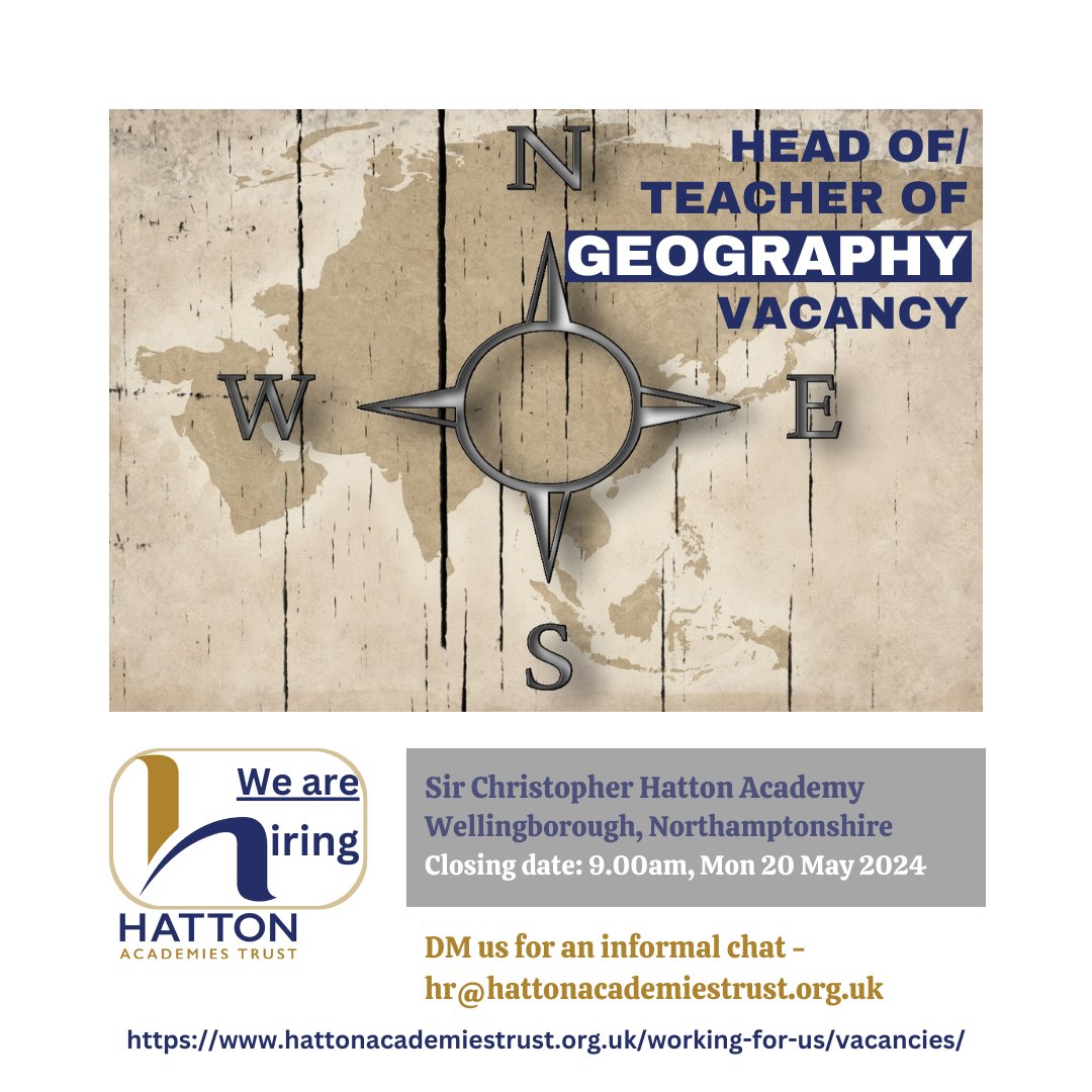 We've opened up some new vacancies this week and #Geography is an area of focus for @HeartofHatton in Wellingborough. If you are looking for a Teacher vacancy or a Head of Department, please contact us for an informal chat. More details on our website. #teachingjobs