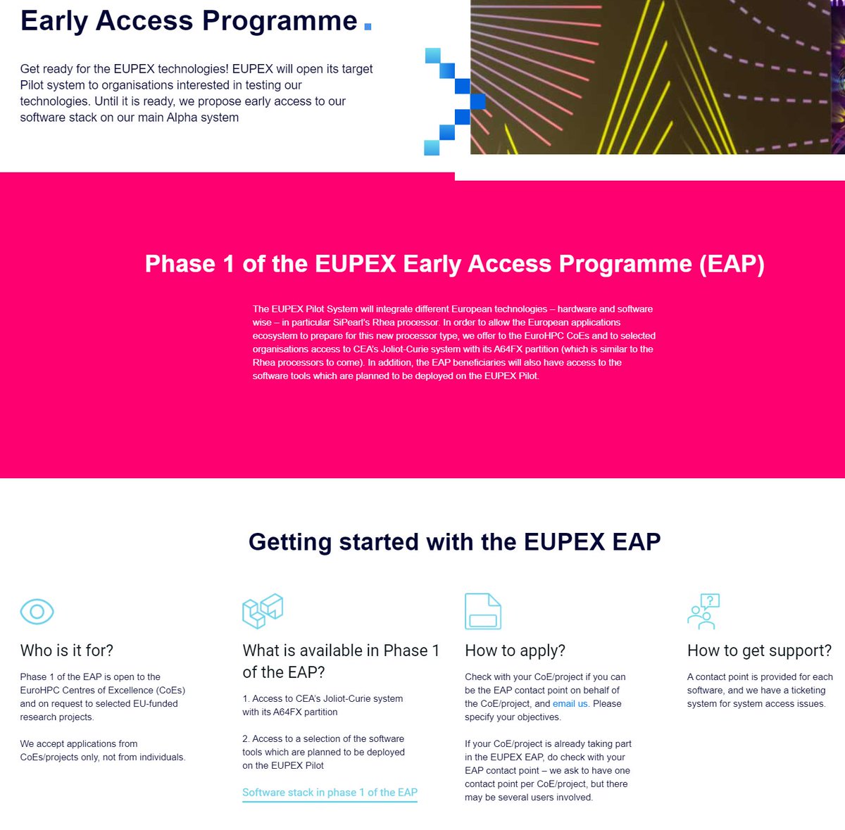 📣Join the #EUPEX Early Access Programme! The @EUPEX_pilot is opening its target Pilot system to organisations interested in testing their technologies. 🔜Phase 1 is open to the @EuroHPC_JU Centres of Excellence (CoEs) and EU-funded research projects. eupex.eu/results/early-…