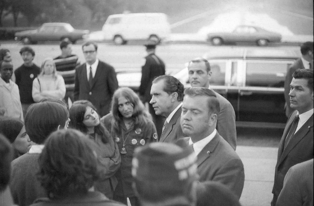 On #ThisDayInHistory in 1970, President Richard Nixon departs to the Lincoln Memorial where he spoke with anti-war protesters and students for almost two hours. Nixon’s chief of staff would later come to describe it as “the weirdest day so far' of his presidency.