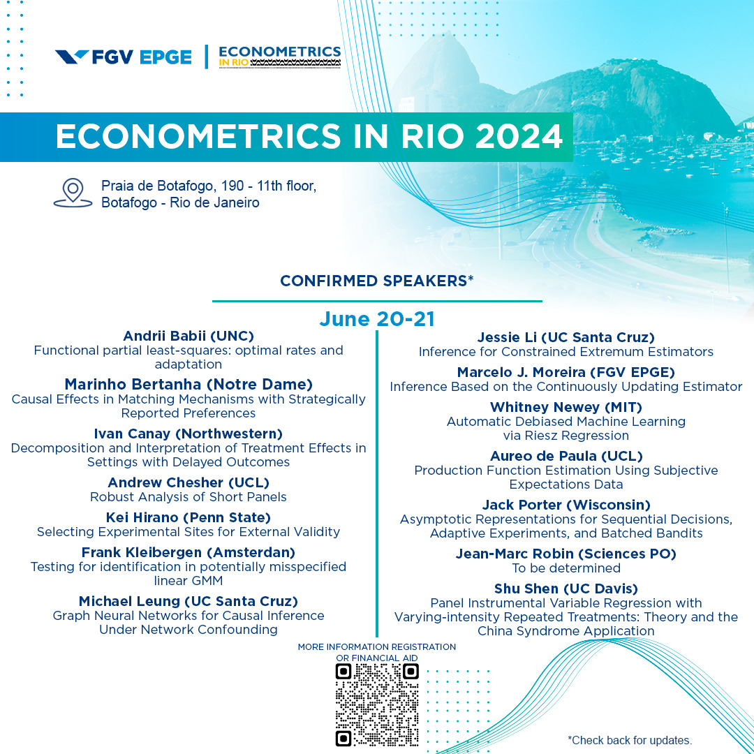 Cemmap/UCL and FGV/EPGE are co-organising 'Econometrics in Rio' (twice)!  If you are in the Beautiful City in June (see below) or August and looking for some econometrics, check the event website (doity.com.br/econometrics-i…) for registration details to attend.