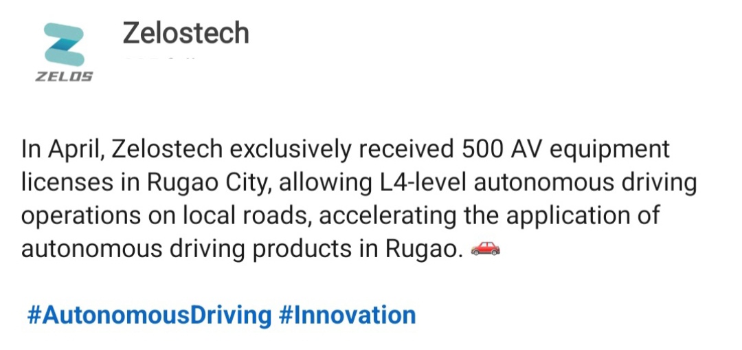 #CENN #CENNTRO - $CENN #EV #ElectricVehicles - In April, #Zelos exclusively received 500 AV equipment licenses in Rugao City, [ information in post link ⬇️ ] x.com/___l__a___/sta… --