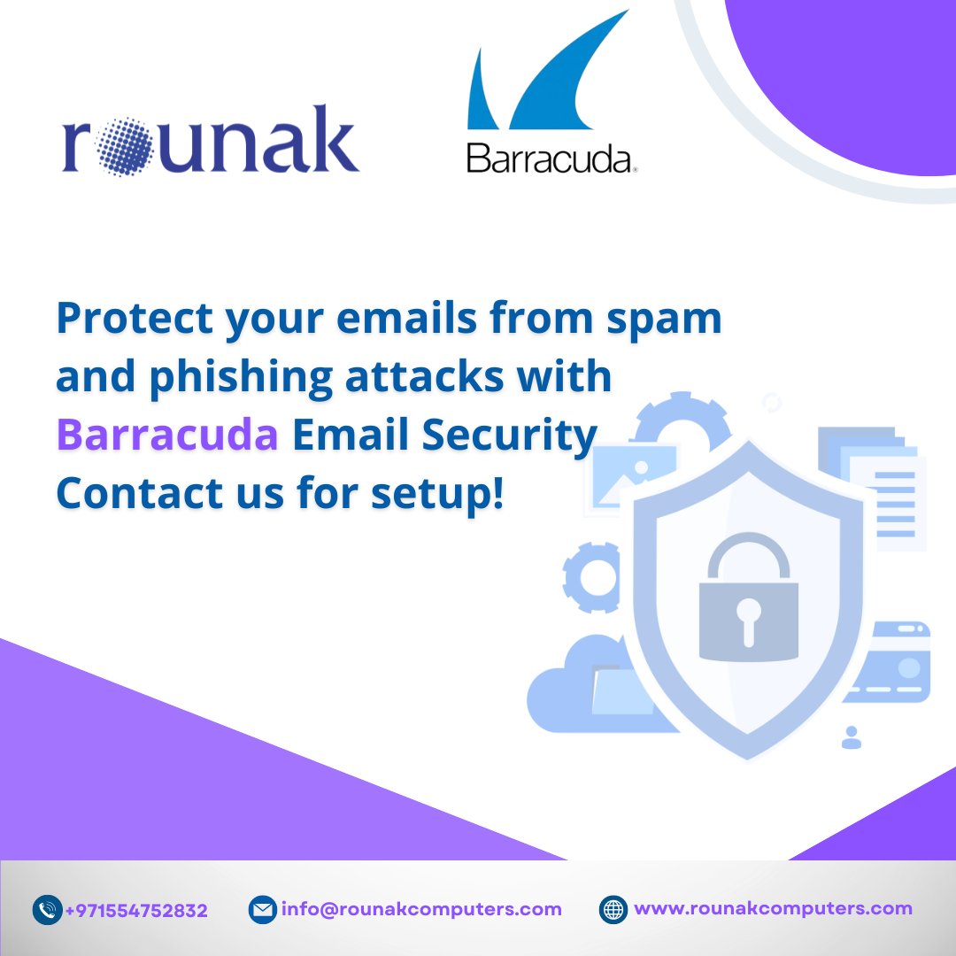 🔒 Safeguard your inbox with Barracuda Email Security! 🛡️
#Barracuda #RounakComputers #CyberSecurity #EmailProtection #DataSecurity #TechSafety #DubaiTech #OnlinePrivacy #CyberDefense #DigitalSecurity #TechSolutions