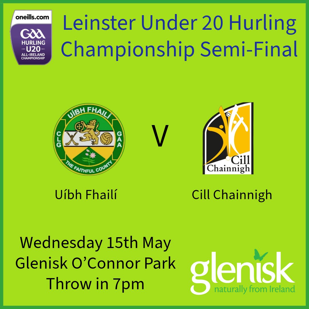 𝙇𝙚𝙞𝙣𝙨𝙩𝙚𝙧 𝙐𝙣𝙙𝙚𝙧 ❷⓿ 𝙃𝙪𝙧𝙡𝙞𝙣𝙜 𝘾𝙝𝙖𝙢𝙥𝙞𝙤𝙣𝙨𝙝𝙞𝙥 𝙎𝙚𝙢𝙞-𝙁𝙞𝙣𝙖𝙡𝙨

The <a href="/Offaly_GAA/">Official Offaly GAA</a> v <a href="/KilkennyCLG/">Kilkenny GAA</a> game will be played in <a href="/Glenisk/">Glenisk</a> O'Connor Park on Wednesday 15th. Throw in 7pm.

Tickets €10
Under 16's are free

Click here to purchase: