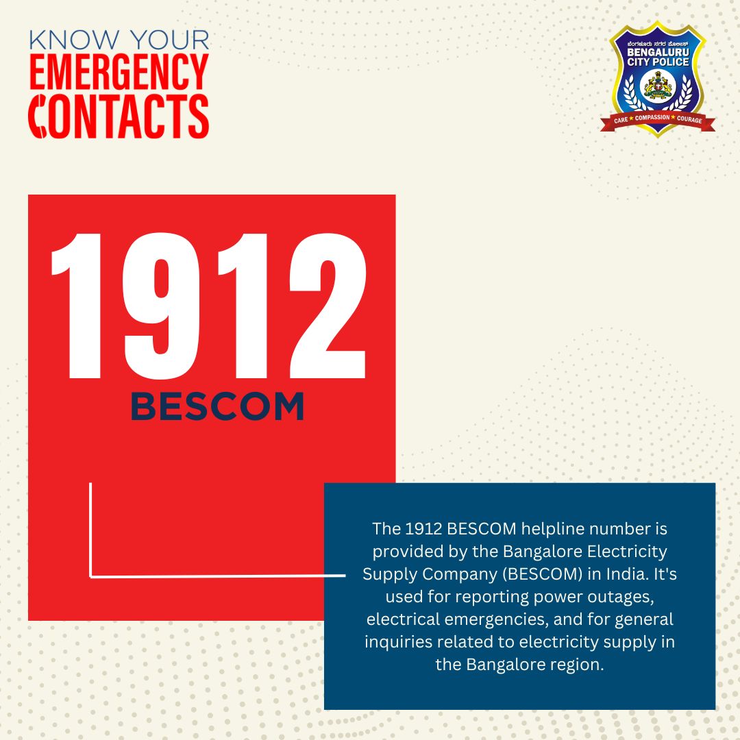 Hey Bengaluru, did you know the 1912 BESCOM helpline is more than just a number? It's our direct line to resolve power issues & ensure safety. Let's save this essential helpline number by spreading the word. #Awareness4You #WeServeWeProtect ಬೆಂಗಳೂರಿಗರೇ, ಬೆಸ್ಕಾಂನ 1912 ಸಹಾಯವಾಣಿ
