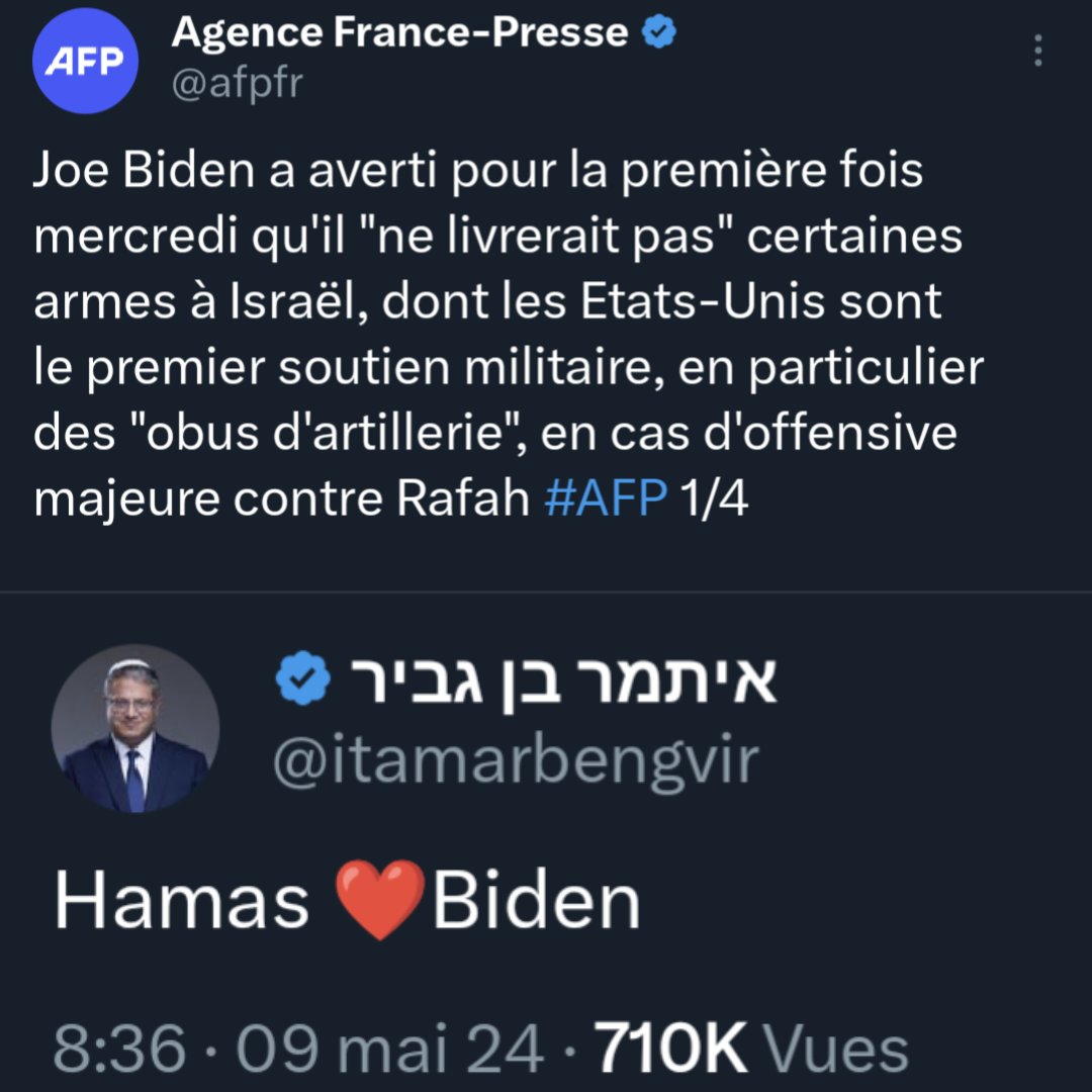 Le 8 mai Biden annonce qu'il ne livrera plus certaines armes à Israël si une invasion de Rafah est lancée. Le ministre de la sécurité nationale, Ben Gvir lui répond. Un post court mais révélateur. Alors que l'opinion publique mondiale s'indigne contre les atrocités commises…