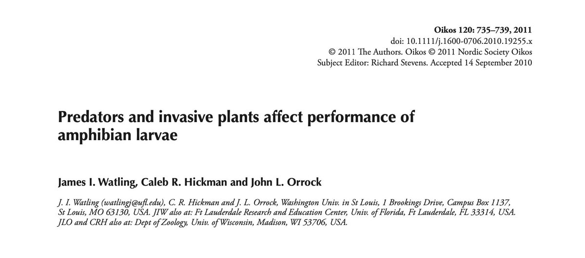 It’s #AmphibianWeek! #TBT to 2010 and this publication on the impact of #invasiveplants on #amphibian populations in #Missouri. Weeds can have implications on species that share no trophic connections.

orrocklab.zoology.wisc.edu/wp-content/upl…

#WSSA #weedscience #invasionecology #invasivespecies
