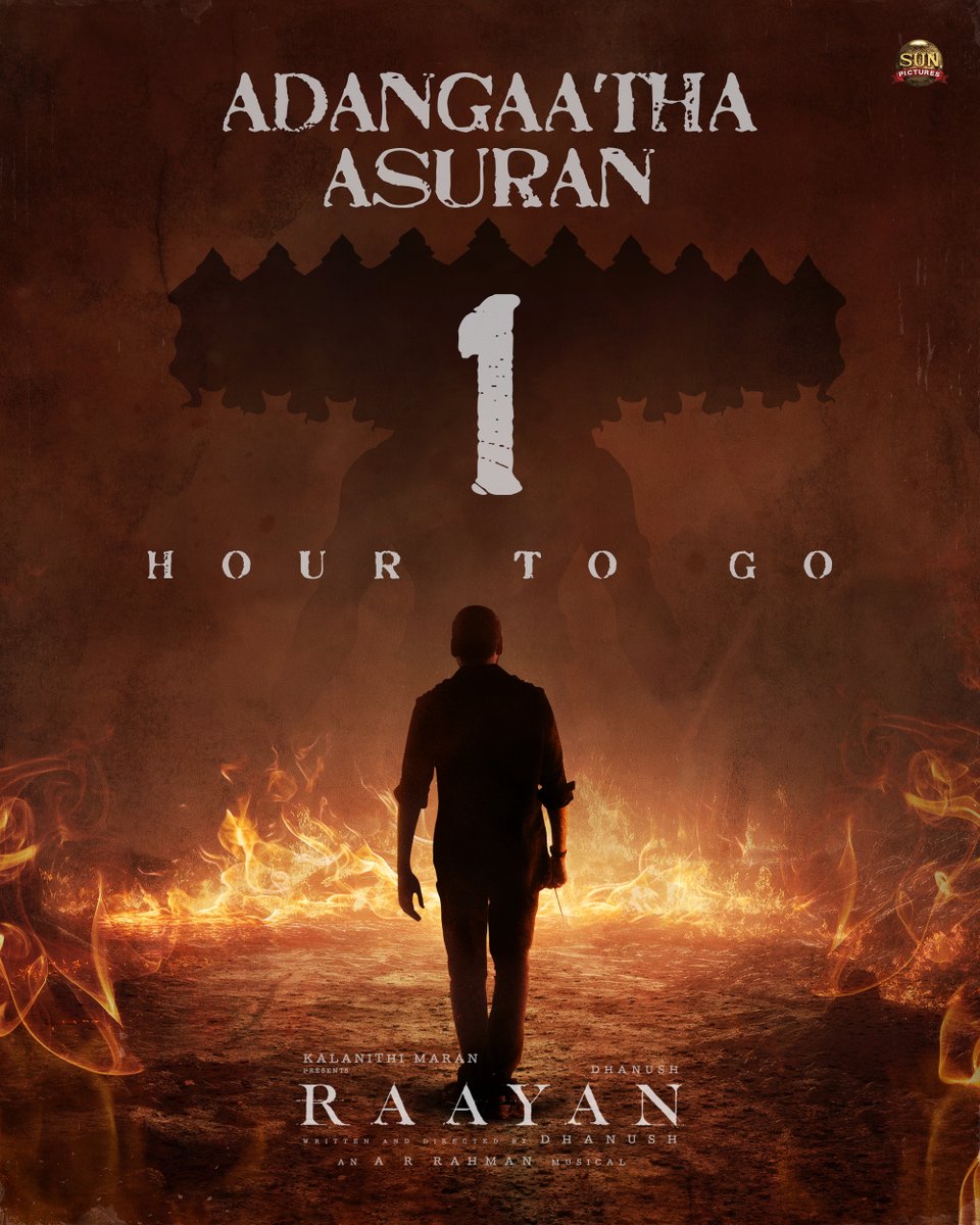 Let the countdown begin 🥳 1 hour to go for #RaayanFirstSingle #AdangaathaAsuran 😍 #Raayan in cinemas from June 2024! @dhanushkraja @arrahman @PDdancing @iam_SJSuryah @selvaraghavan @kalidas700 @sundeepkishan @prakashraaj @officialdushara @Aparnabala2 @varusarath5