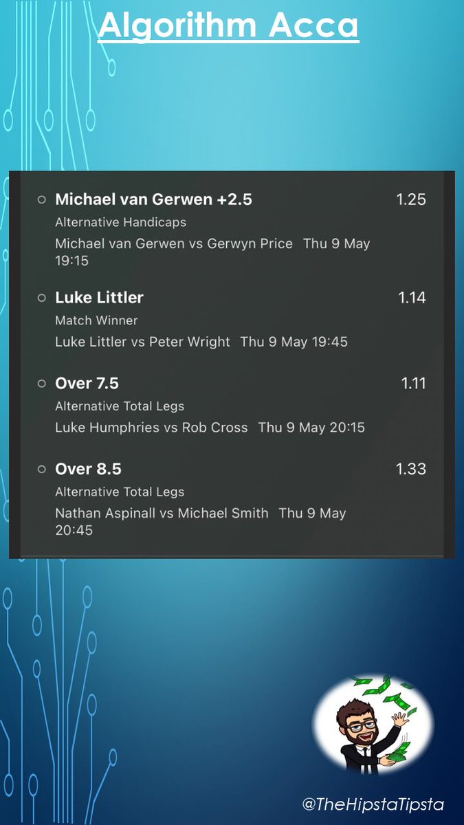 Thursday’s FREE Darts Algorithm Acca 🎯 

Michael Van Gerwen 🇳🇱 v Gerwyn Price 🏴󠁧󠁢󠁷󠁬󠁳󠁿 
Luke Littler 🏴󠁧󠁢󠁥󠁮󠁧󠁿 v Peter Wright 🏴󠁧󠁢󠁳󠁣󠁴󠁿 
Luke Humphries 🏴󠁧󠁢󠁥󠁮󠁧󠁿 v Rob Cross 🏴󠁧󠁢󠁥󠁮󠁧󠁿
Nathan Aspinall 🏴󠁧󠁢󠁥󠁮󠁧󠁿 v Michael Smith 🏴󠁧󠁢󠁥󠁮󠁧󠁿