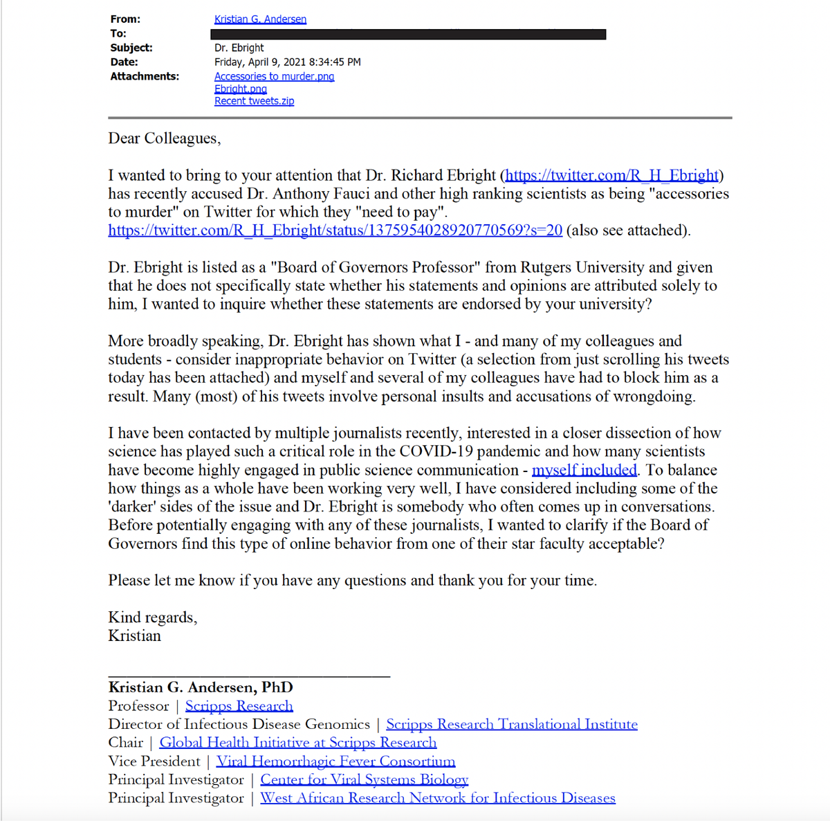 How to silence This email, sent to Rutgers' administrators by Kristian Andersen on April 9, 2021, was obtained through an open records request. I became aware of this email from a subsequent message sent by Andersen & 11 others on March 24, 2024 (see post 3 in thread). (1/n)
