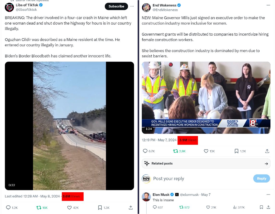 Combined, these two posts about Maine politics have garnered over 7.5 million impressions on X. Maine's corporate media hasn't mentioned Elon Musk calling out the Governor, and has been completely silent on Oguzan Cilidir.