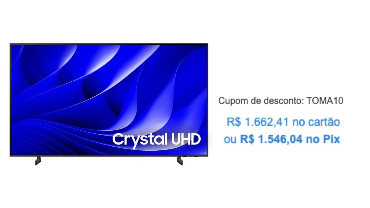 Samsung Smart TV 43' Crystal 4K 3 em 1 use o cupom TOMA10 1.546,04 no pix 1.662,41 em até 10x divulgador.magalu.com/p8ydDFKx