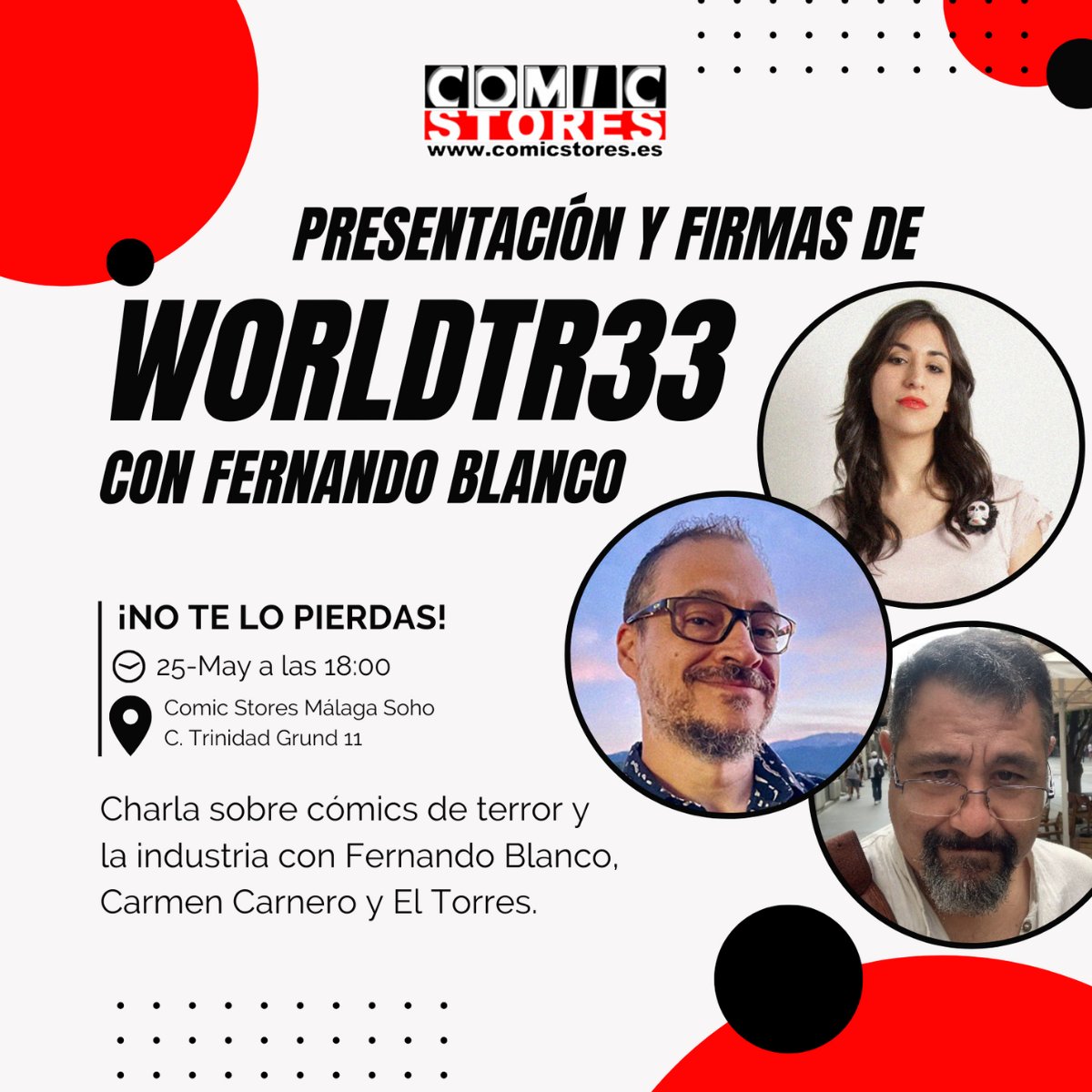 📖 ¡Explora W0rldTr33, de @eccediciones, en Comic Stores Málaga Soho! Únete a @FdoBlanco, @CarmenCarnero y @ElTorres72 en una charla sobre cómics de terror y más. ¿Quieres saber más? Toda la información en el siguiente enlace: comicstores.es/noticias/descu…