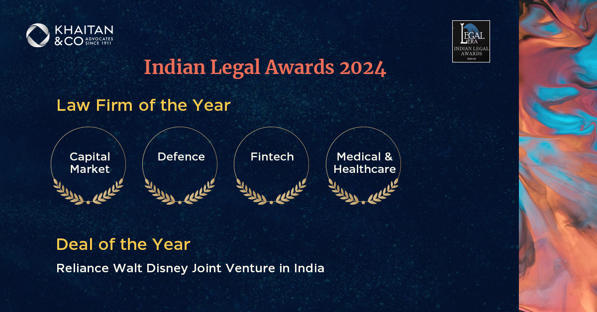 We are delighted to be recognised as the ‘Law Firm of the Year’ at the @LegalEraGlobal India Legal Awards 2024 in 4 key areas- #CapitalMarkets, #Defence, #Fintech, #Medical & #Healthcare. We also bagged the ‘Deal of the Year’ award for the Reliance - Walt Disney JV in India.