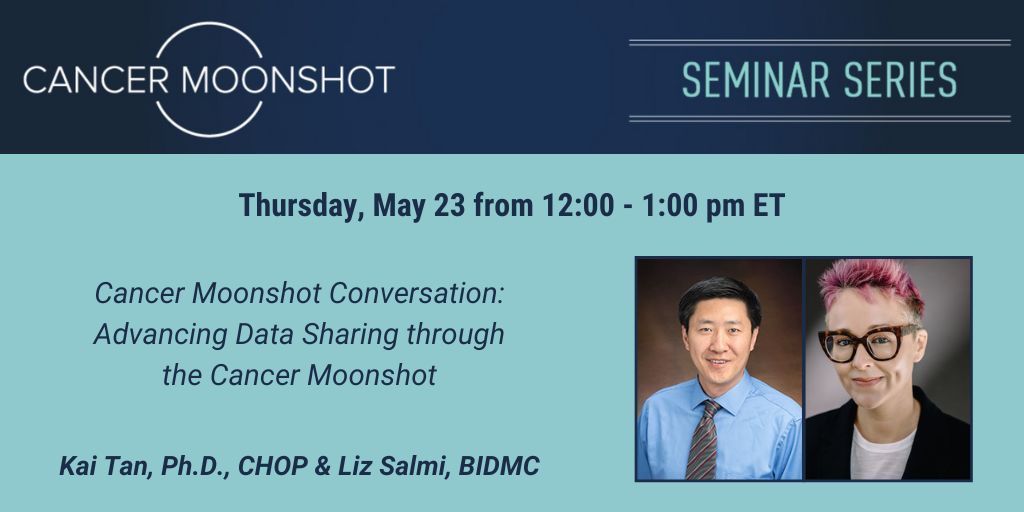 On Thursday, May 23 at 12:00 pm ET, @cdktmw (an @NCIHTAN investigator) and @TheLizArmy (a @PECGSnetwork investigator & advocate) will discuss how the #CancerMoonshot is advancing #DataSharing during a #CancerMoonshotSeminar. cancer.gov/research/key-i… #CMSSConvo