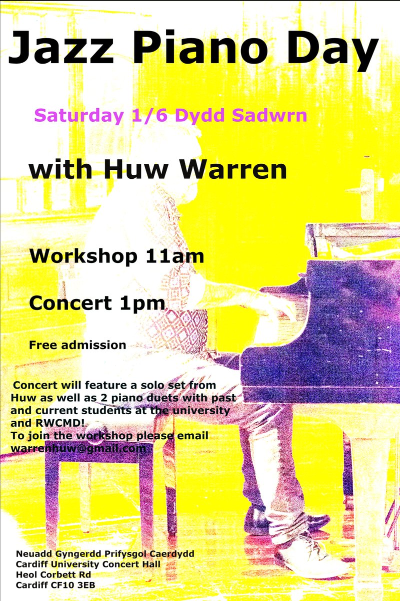 3rd annual Jazz Piano Day @cardiffunimusic 1/6 workshop 11am, gig 1pm ALL FREE! solo set and 2 piano duos with students past and present.... To take part in the workshop DM or warrenhuw@gmail.com. Cardiff University Concert Hall, Corbett Rd, Cardiff CF10 3EB #piano #jazzpiano