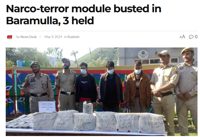 Police have busted a narco-terror module and arrested three persons in #Baramulla. Police have recovered contraband weighing 7.800 Kgs worth Rs. 50 Crore and cash worth Rs 12,63,500 from this module, which has links with #Pakistan based terror handlers kashmirdespatch.com/narco-terror-m…