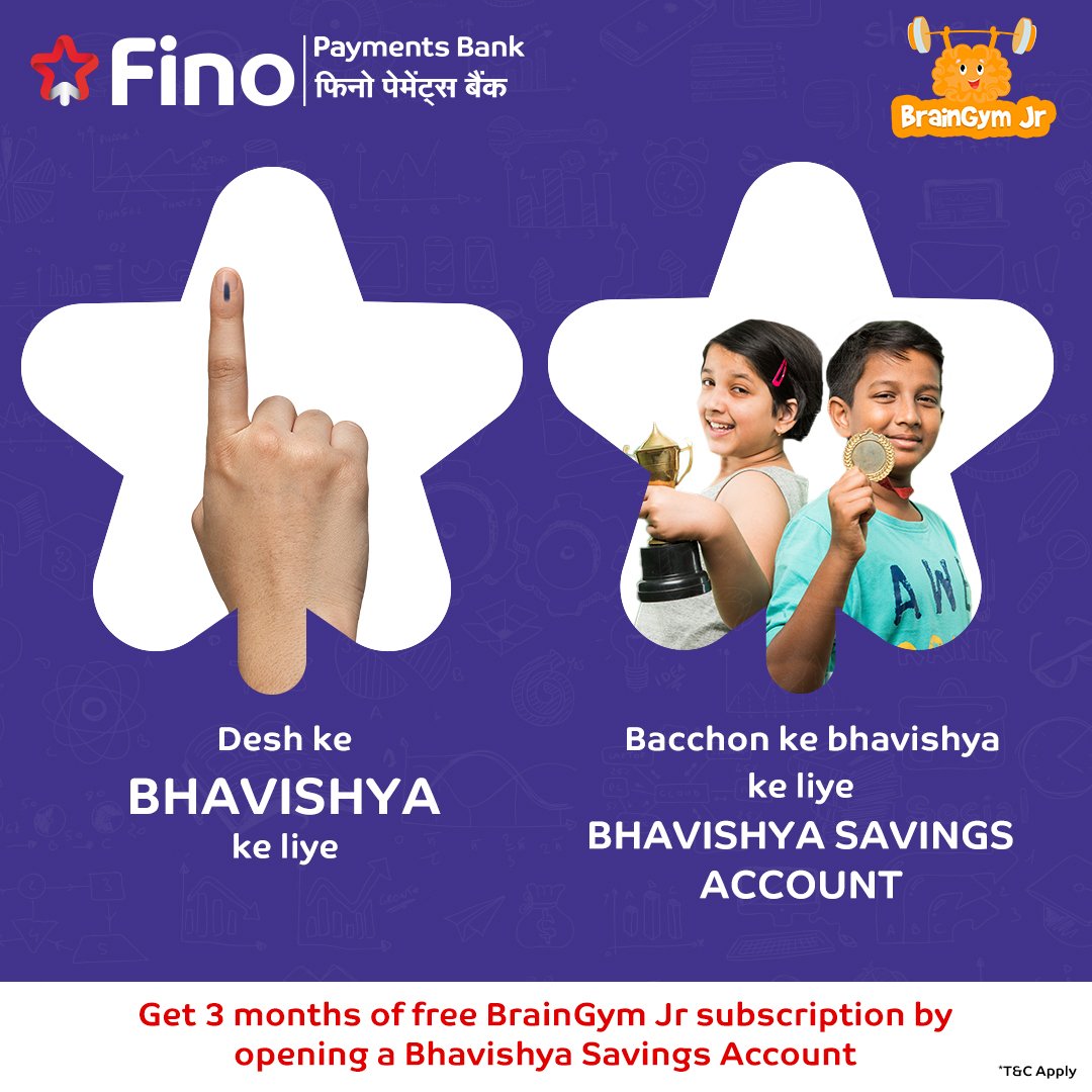 Voting strengthens democracy ensuring a brighter future for our country; while investing in Bhavishya Savings Account ensures a brighter future for your child. Fino urges every citizen to vote. Jai Hind.

#FinoPaymentsBank #FikarNot #FinoBanker #DigitalBanking #SecureBanking