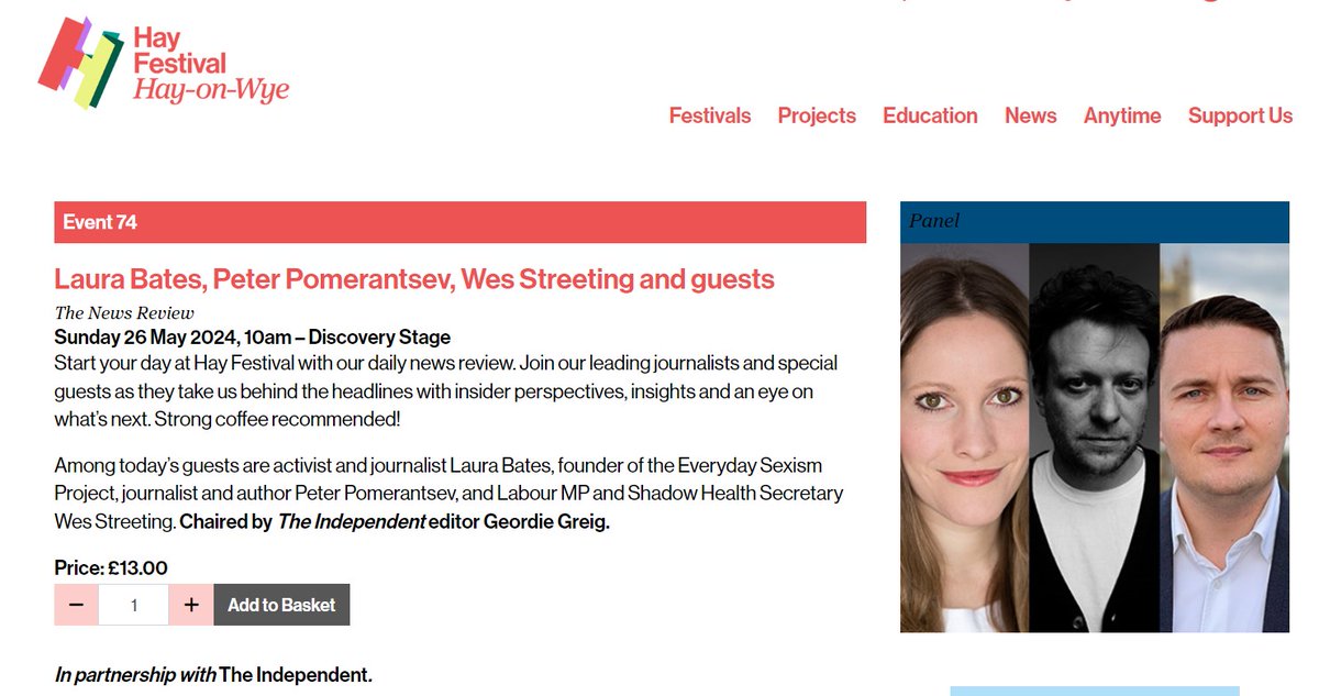 A fortnight today, at @hayfestival ... Laura Bates @EverydaySexism, @peterpomeranzev and MP @wesstreeting are guests for @Independent partnered 'News Review', chaired by @Geordie_Greig - book here: hayfestival.com/p-21714-laura-…