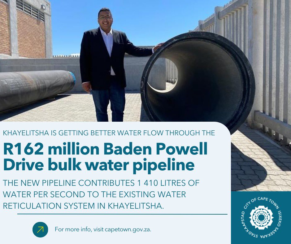 🌊💧 In March 2022, the R162m Bulk Water Pipeline was opened, supplying Khayelitsha with an additional 1,420 litres of water per second!