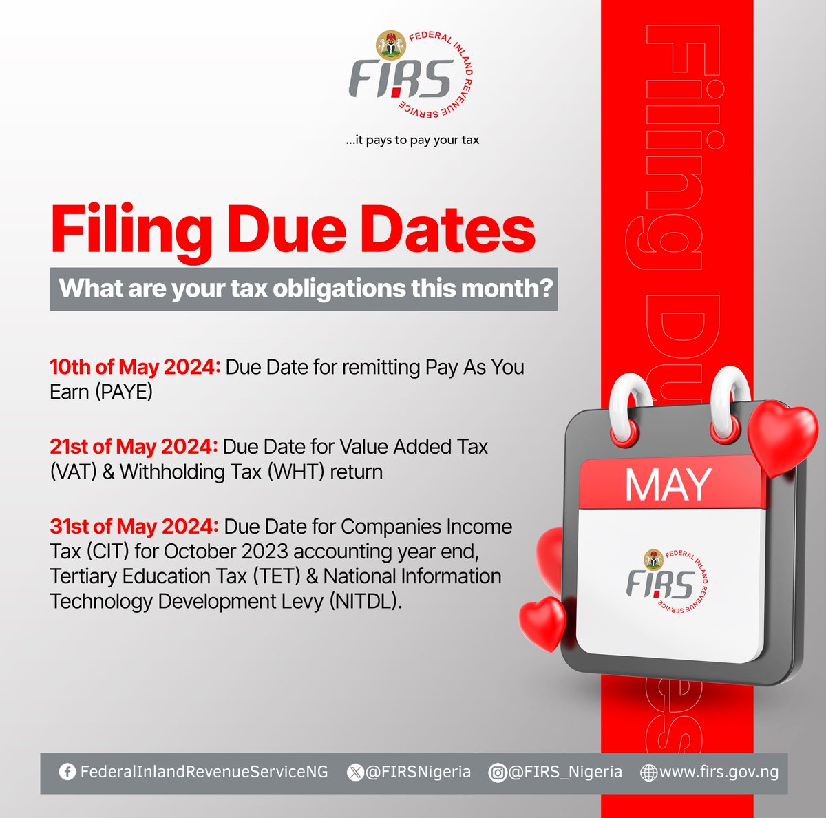 Here are some of your Tax obligations for the month of May. Take note of the filing due dates for the various tax types. 🗓️