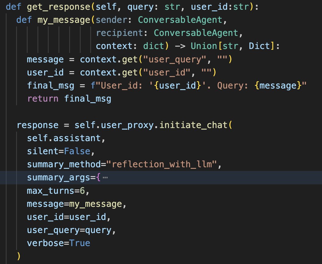 Adding User Context to Autogen Autogen's `ConversableAgent` class has the `initiate_chat` method. The `message` param takes a callable as well. This can be used to pass user context to the Agent. A screenshot (from a larger part of code) which demonstrates this well is below.…