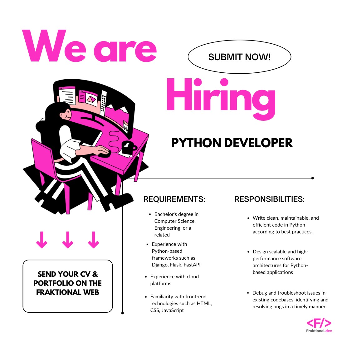 Python devs, we are looking for you!

Get hired through Fraktional and use your passion for data to build actionable strategies.

Solid coding skills & a love of turning insights into impact? This is your dream job!

Apply now: bit.ly/4bsuBhN

#PythonDeveloper #TechJobs