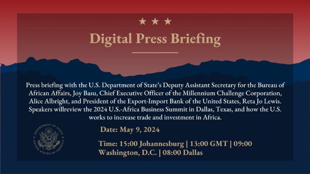 Media reps are invited to take part in a digital press briefing to review the 2024  #USAfricaBizSummit in Dallas, Texas, and how the U.S. works to increase trade and investment in Africa. #AFHubPress Details: state.gov/digital-press-…