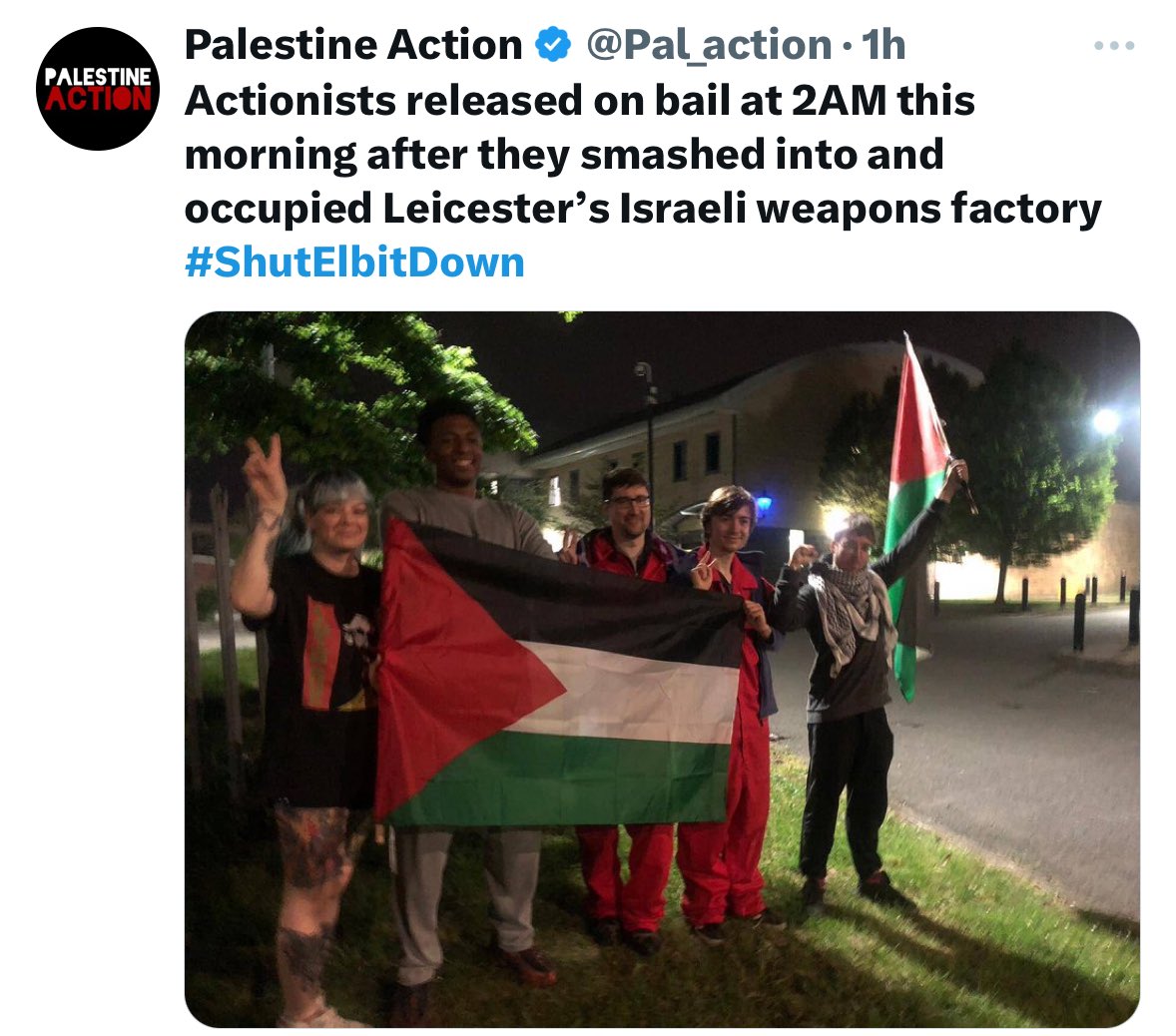 Yesterday a handful of @Pal_action activists in Leicester managed to: - Take over the Elbit factory - Make a hole in the roof & show proof of the killer drones - Get @fbunational to issue a statement in solidarity w 🇵🇸 & asked members not to help police DIRECT ACTION > PROTESTS