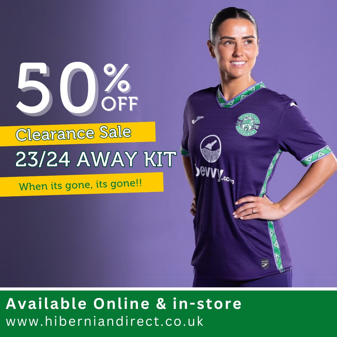 Clearance Sale ‼️

🔥Get 50% OFF the Hibs Away Kit – it's the perfect time to grab latest Hibs kit and show your support. 

Shop now 🛍️hiberniandirect.co.uk/replica/23-24-…

👉 Available online & in-store.

 #Hibs #AwayKit #GGTTH