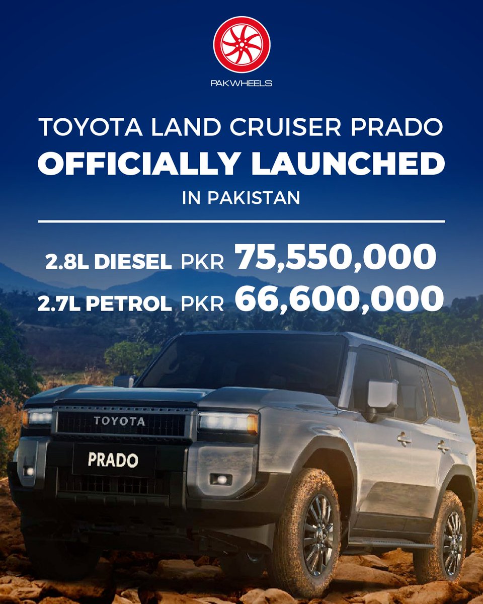 🎉 Exciting news! The wait is over as Toyota Land Cruiser Prado 2024 makes its official debut in Pakistan!

For more information: ow.ly/uqse50RAes3

#PakWheels #Toyota #LandCruiserPrado #Prado2024 #Price