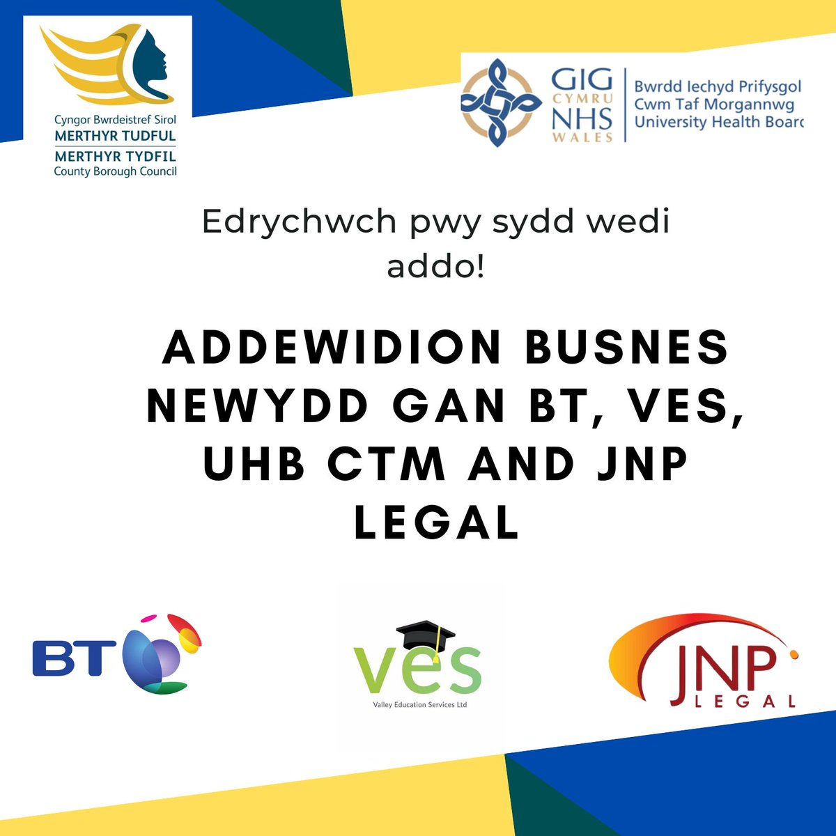 Mae hi wedi bod yn wythnosau prysur i'r Bartneriaeth Busnes Gyda'n Gilydd (BETP) ac nawr mae addewidion wedi bod gan BT, VES, BIP CTM a JNP Legal. Gan edrych ymlaen ychwanegu at ein rhestr a phartneriaethau yn yr wythnosau nesaf! #byddwchygorauygallwch