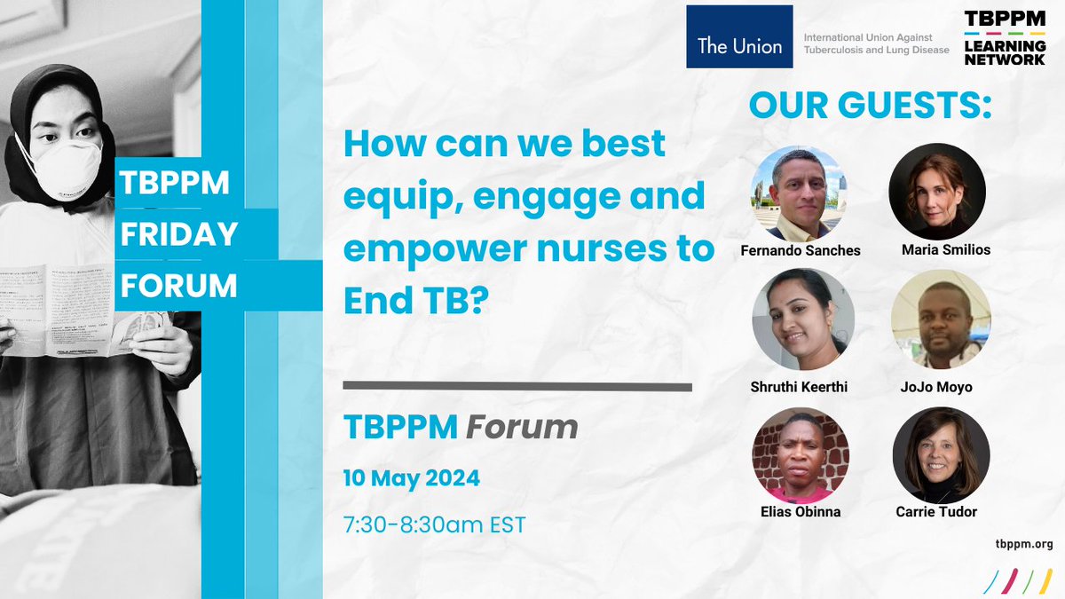 How can we best equip, engage and empower nurses to End TB? is a webinar tomorrow at 1:30pm Paris and Central Africa, 7:30am Eastern (US/Canada), 5pm India, 7:30pm Singapore. To register and learn more about International Women's Day 2024, please visit: tbppm.org/events/146336