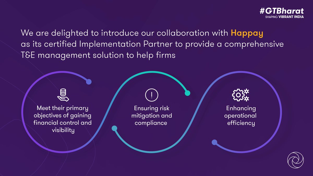 GrantThorntonIN's tweet image. #GTBharat has collaborated with @LiveHappay, India’s leading T&E management solution provider, as its certified #ImplementationPartner. Our dedicated team of experts uses a reliable approach for implementation and provides assistance with #technical configuration.