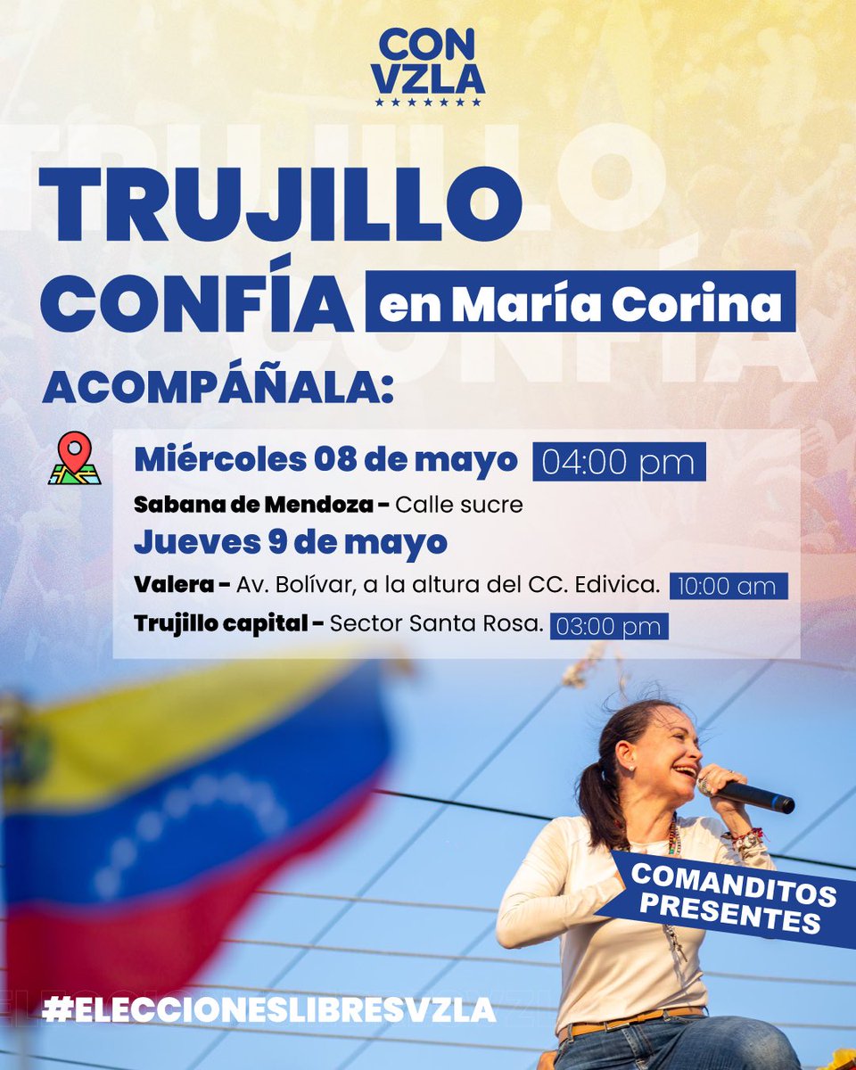 ¡Valera, nos vemos hoy en la avenida Bolívar! #Trujillo confía en @MariaCorinaYA y demostrará, una vez más, que quiere cambio y libertad. ¡Te esperamos!