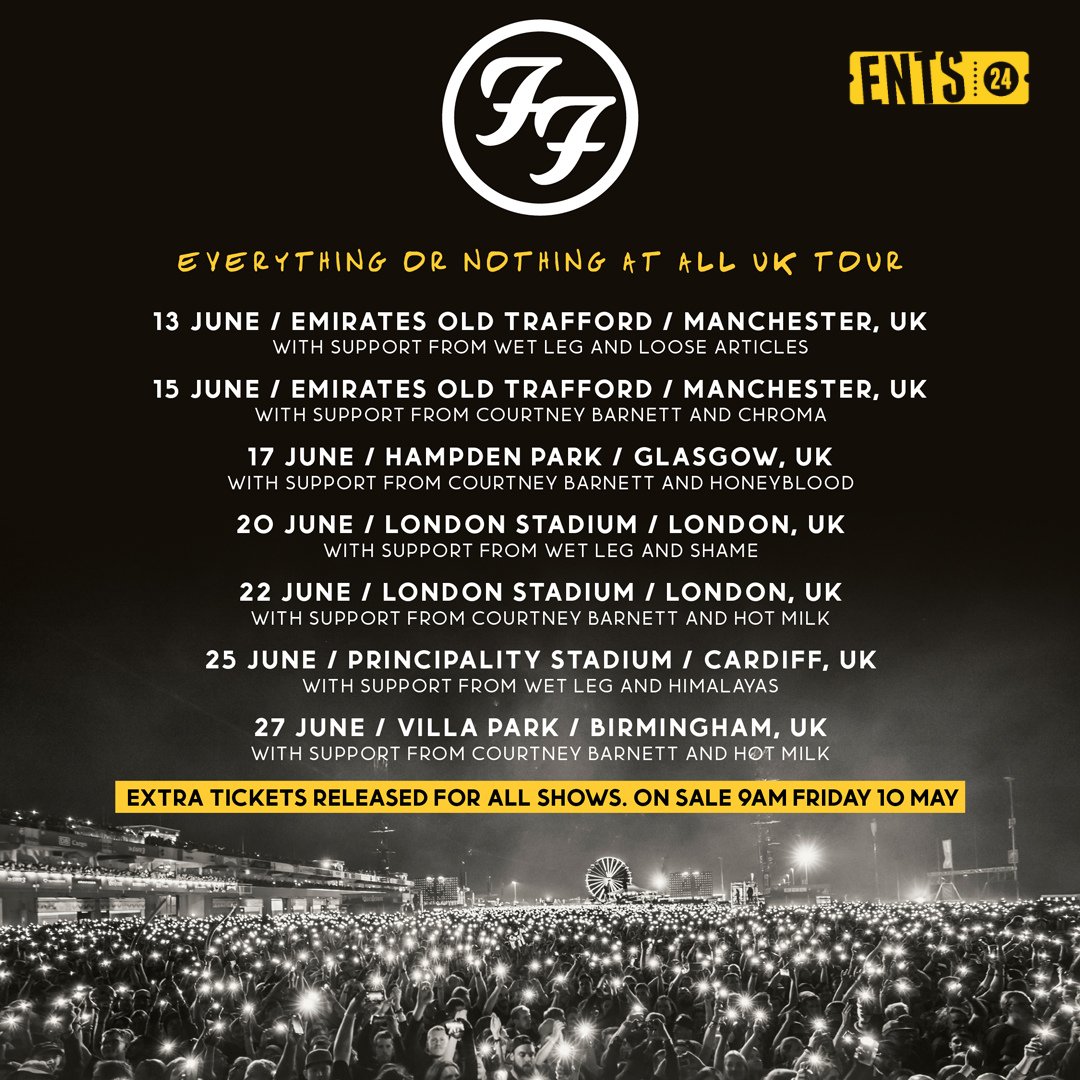 🚨 Calling all @Foofighters fans! 🚨 EXTRA tickets are being made available for the Everything or Nothing At All Tour!!! 🎉 Don't miss your chance to rock out with the Foos – grab your tix this Friday, May 10th at 9am! 🎸🎟️ ents24.com/uk/tour-dates/… #FooFighters #livemusic #ents24