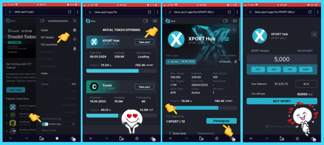 🔥 Update 🔥 220k $XPORT left! 🤓🚀💫 Don't miss your chance! 😉 How? 🤔 KleverWallet ➡️ Browser ➡️ beta.xport.app ➡️ ITO LaunchPad ➡️ ITO $XPORT ➡️ Participate ✅ $XPORT #XPortHub @Blockportme @xportapp @tokenportapp #KleverChain