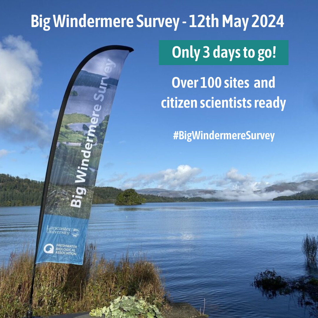 Only 3 days until the next #BigWindermereSurvey (12th May). We have over 100 sites and #CitizenScientists ready. Thank you to everyone who has confirmed their site with us. You can pick up your kit 9-10th May (9-5pm), 11th May (2-5pm). For any queries, email windermere@fba.org.uk