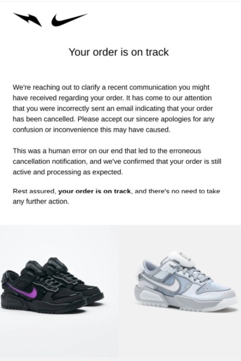 A human error led to false emails being sent about dunk orders. The team traced back the cause of the error and reacted promptly. All is good on this beautiful Thursday, your order is on track, you can disregard!