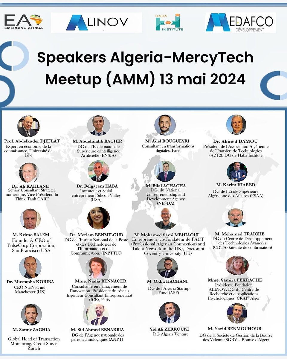 alikahlane's tweet photo. 🌟 Découvrez l'avenir de la tech algérienne au Algeria-MercyTech Meetup 2024! Rejoignez des leaders et innovateurs le 13 mai à Alger. Inscrivez-vous, consultez l'agenda et découvrez plus via les liens ci-dessous! 🚀 

📅 Inscrivez-vous pour le lien Zoom: https://t.co/pvBmkeqPMc https://t.co/OuNC1uUgUj