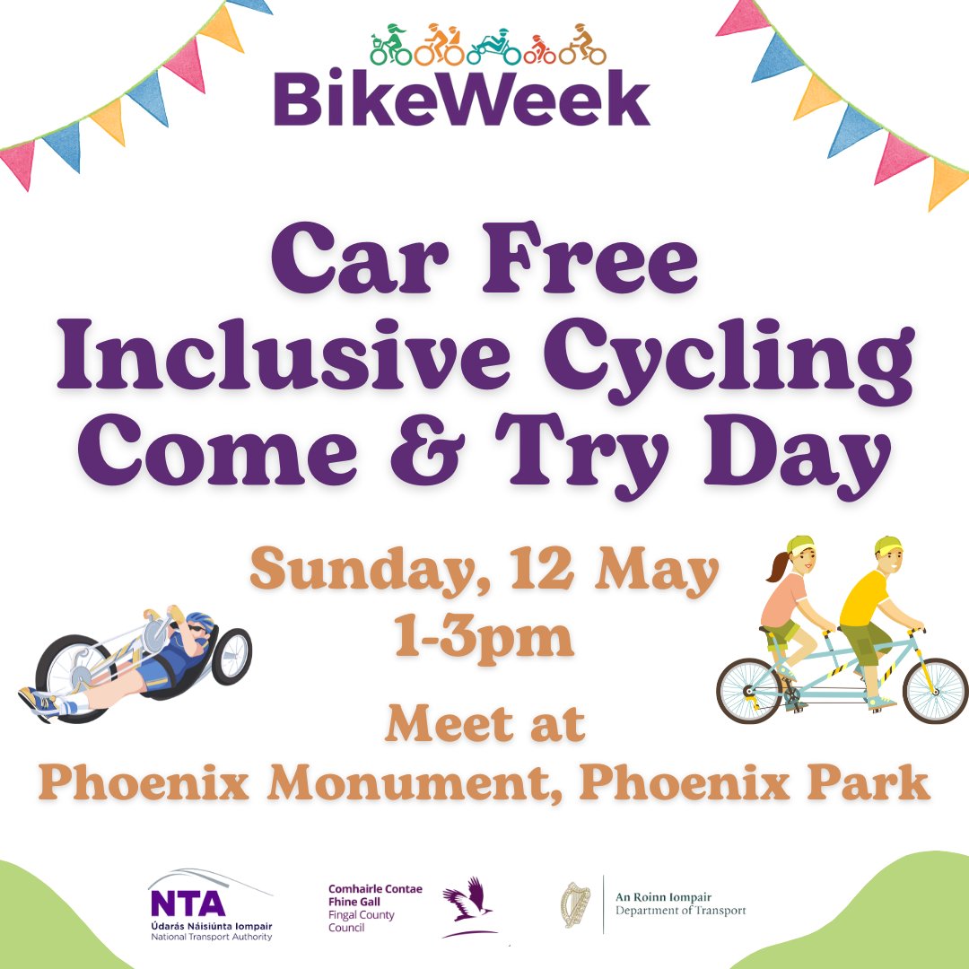 #BikeWeek Inclusive Cycling this Sunday from 1-3pm at Phoenix Park. A great opportunity to try accessible bikes, tandem cycles and trikes suited for people with disabilities or enjoy a spin along Chesterfield Avenue, which will be closed to traffic for the duration of the event.