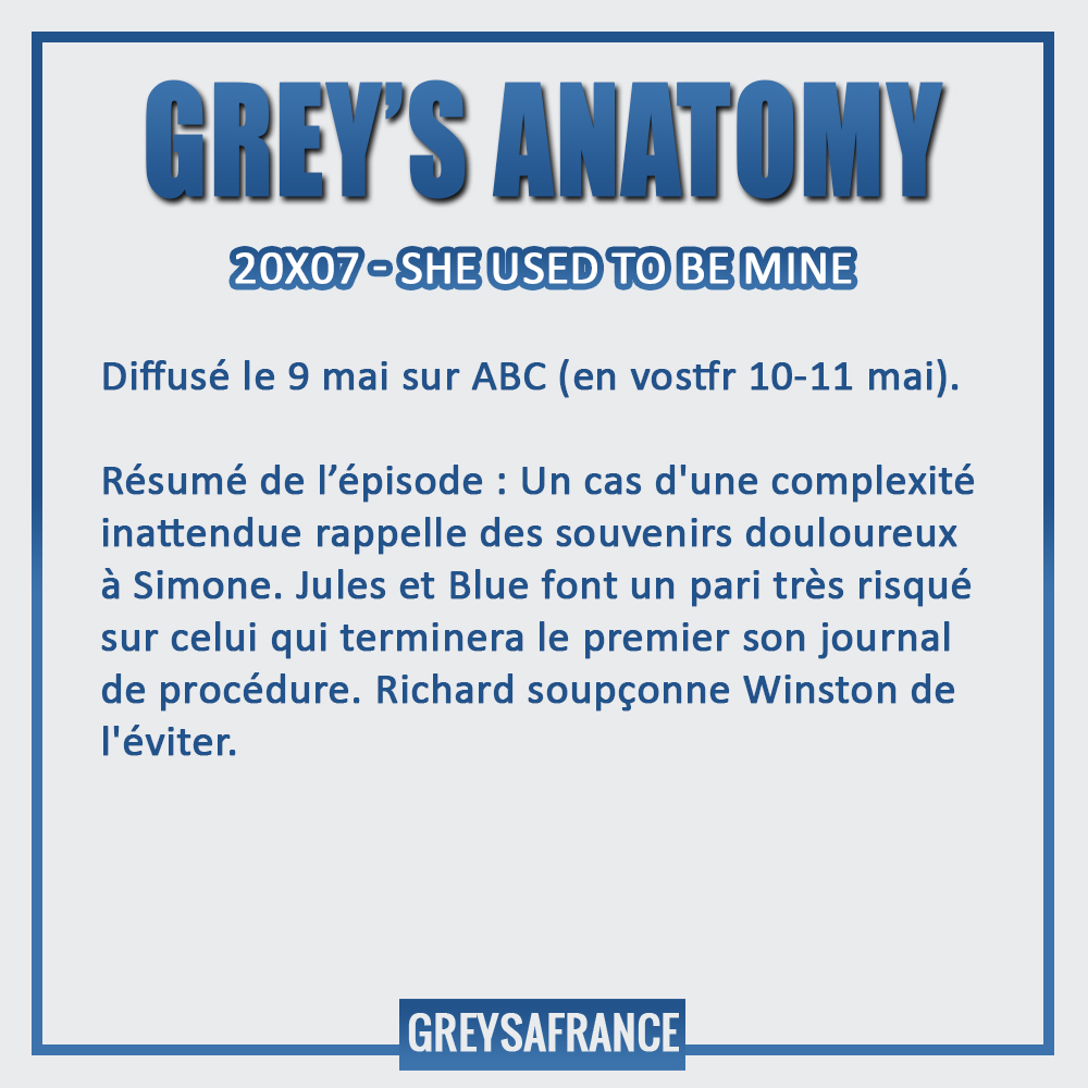 GreysAFrance's tweet photo. #GreysAnatomy Découvrez le synopsis de l'épisode 20x07 - She used to be mine qui sera cette nuit sur ABC. https://t.co/IQbMqTr7Kl