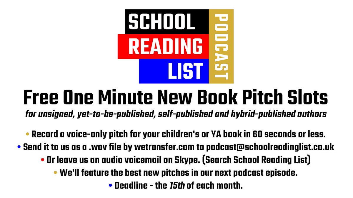 Free one-minute new book pitch slots on the School Reading List podcast for unsigned, yet-to-be-published, self-published and hybrid-published authors. #writingcommunity #amwriting #kidlit #YA media.schoolreadinglist.co.uk/social/687867_…